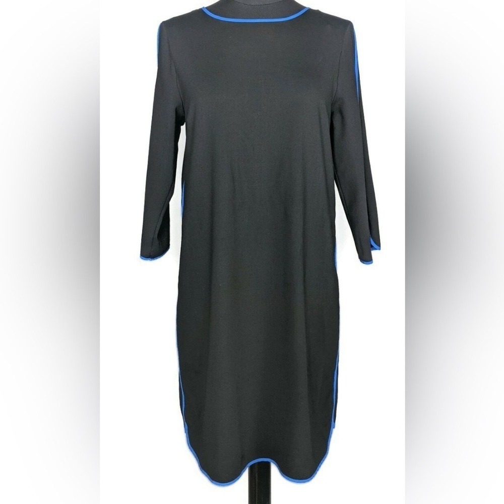 Cynthia Rowley Black Shift Dress Sz 6 Blue Trim 3/4 Sleeve Stretch